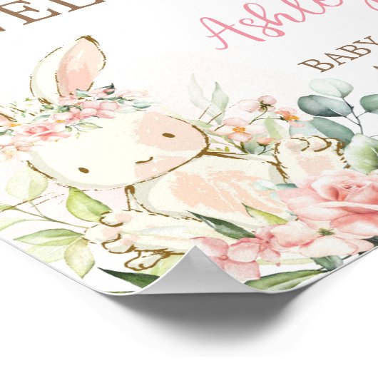 Pink Floral Bunny Rabbit Baby shower Welkom Poster (Hoek)