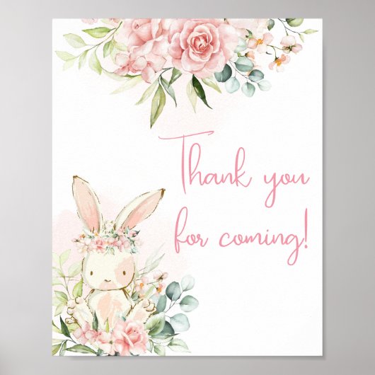 Pink Floral Bunny Rabbit Baby shower Welkom Poster (Voorkant)