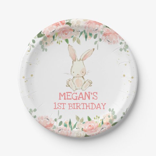 Pink Floral Bunny Rabbit Birthday Party Papieren Bordje (Voorkant)