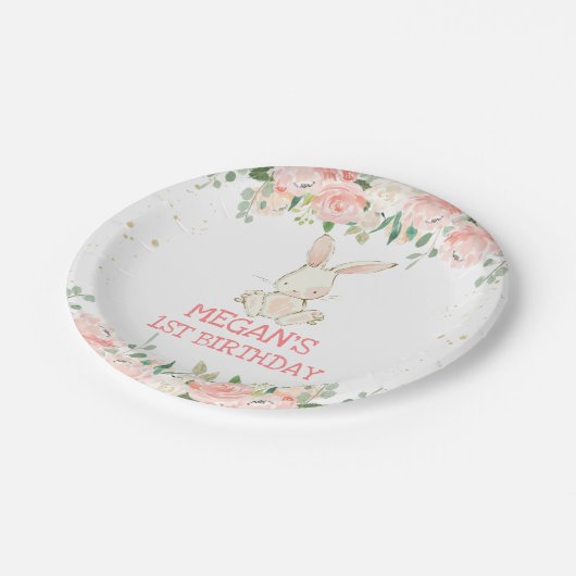 Pink Floral Bunny Rabbit Birthday Party Papieren Bordje (Gekanteld)