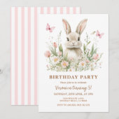 Pink Floral Bunny Rabbit Girl Birthday Party  Kaart (Voorkant / Achterkant)
