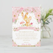 Pink Floral Bunny Rabbit Girls Joint Birthday Bedankkaart (Staand voorkant)