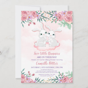 Pink Floral Bunny Rabbit Twin Girl Baby shower Inv Kaart