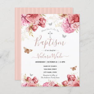 Pink Floral Butterflies Baptism Budget Invitations