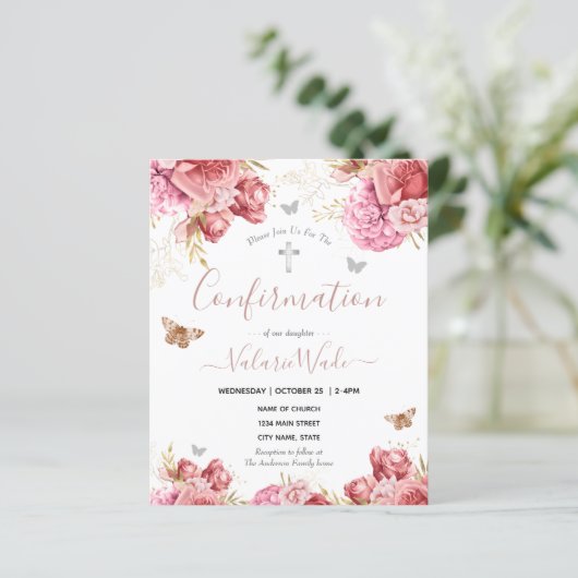 Pink Floral Butterflies First Confirmation Budget (Staand voorkant)