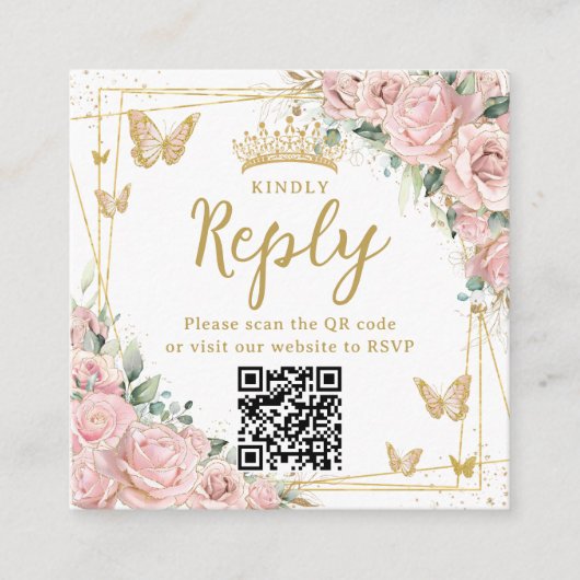 Pink Floral Butterflies Quinceanera RSVP QR Code Informatiekaartje (Voorkant)