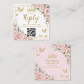 Pink Floral Butterflies Quinceanera RSVP QR Code Informatiekaartje (Voorkant / Achterkant)