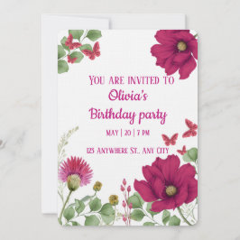 Pink Floral Butterfly Birthday Invitation Kaart