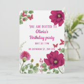 Pink Floral Butterfly  Birthday Invitation Kaart (Staand voorkant)