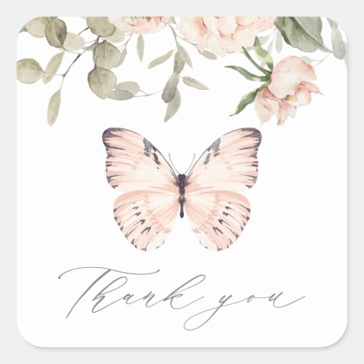 Pink Floral Butterfly Birthday Party Hartelijk dan Vierkante Sticker (Voorkant)