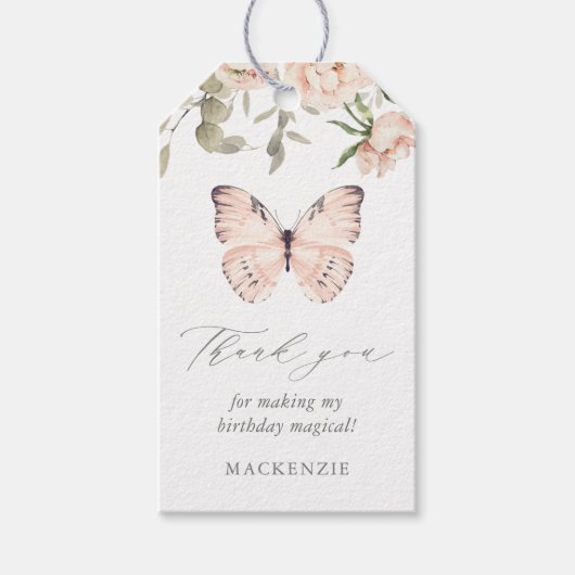 Pink Floral Butterfly Girl Birthday Party Cadeaulabel (Voorkant)
