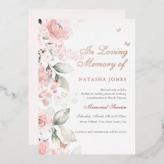 Pink Floral Butterfly Memorial Service Folie Uitnodiging (Voorkant / Achterkant)