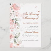 Pink Floral Butterfly Memorial Service Folie Uitnodiging (Voorkant)