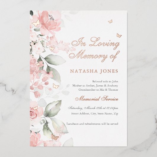 Pink Floral Butterfly Memorial Service Folie Uitnodiging (Voorkant)