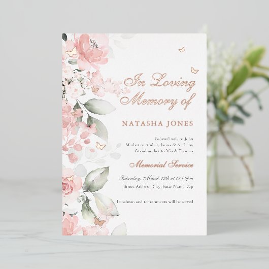 Pink Floral Butterfly Memorial Service Folie Uitnodiging (Staand Voorkant)