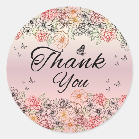Pink Floral Butterfly Round Thank You Sticker (Voorkant)