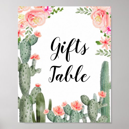 Pink Floral Cactus Gifts Table Sign. Poster (Voorkant)