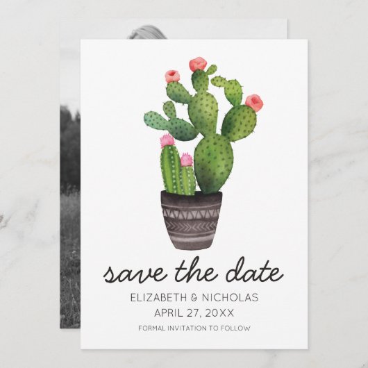 Pink Floral Cactus - sla de datum op Save The Date (Voorkant / Achterkant)