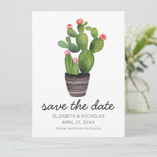 Pink Floral Cactus - sla de datum op Save The Date (Staand voorkant)