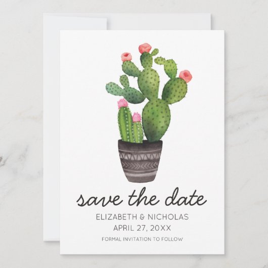 Pink Floral Cactus - sla de datum op Save The Date (Voorkant)