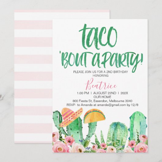 Pink Floral Cactus Taco Bout a Party Birthday Kaart (Voorkant / Achterkant)