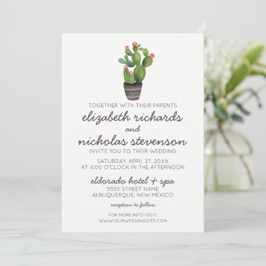 Pink Floral Cactus - Wedding Invite Kaart (Staand voorkant)