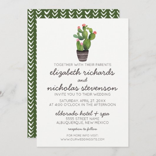 Pink Floral Cactus - Wedding Invite Kaart (Voorkant / Achterkant)