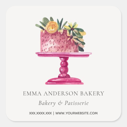 PINK FLORAL CAKE PATISSERIE CUPCAKE BAKERY SEAL VIERKANTE STICKER (Voorkant)