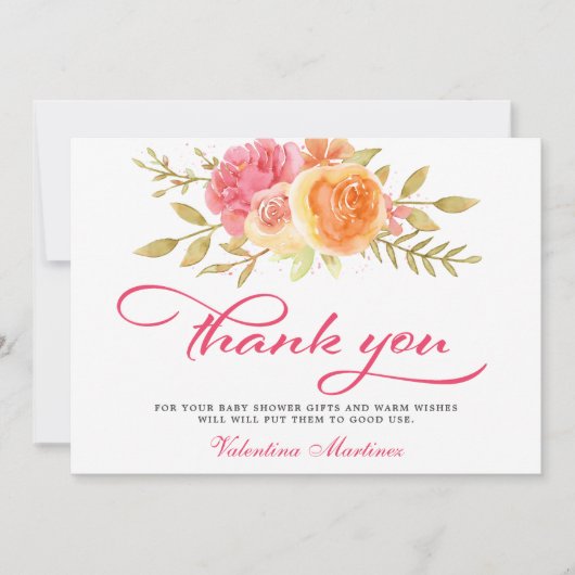 Pink Floral Calligraphy Baby shower Bedankkaart (Voorkant)
