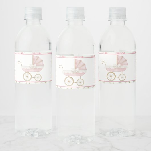 Pink Floral Carriage Baby shower Waterfles Etiket (Flessen)