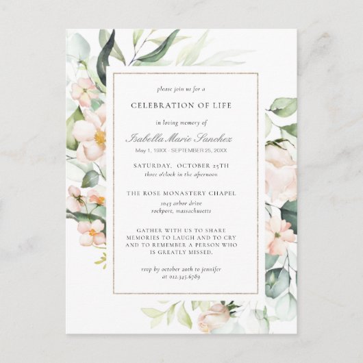 Pink Floral Celebration of Life Funeral Briefkaart (Voorkant)