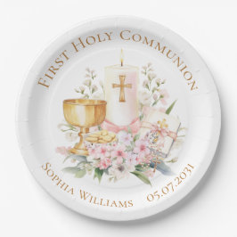 Pink Floral Chalice First Holy Communion  Papieren Bordje
