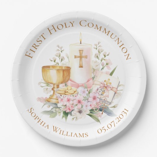Pink Floral Chalice First Holy Communion  Papieren Bordje (Voorkant)