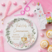 Pink Floral Chalice First Holy Communion  Papieren Bordje (Feest)