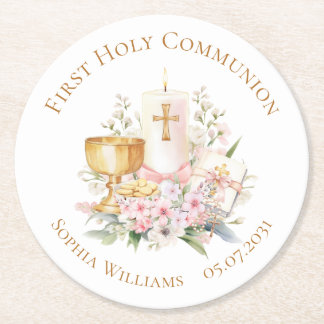 Pink Floral Chalice First Holy Communion  Ronde Kartonnen Onderzetter