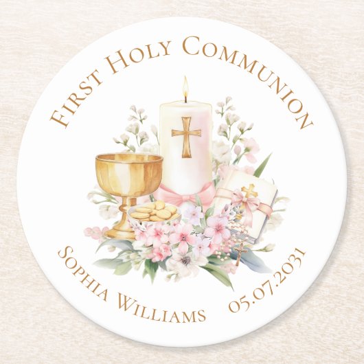 Pink Floral Chalice First Holy Communion Ronde Kartonnen Onderzetter (Voorkant)