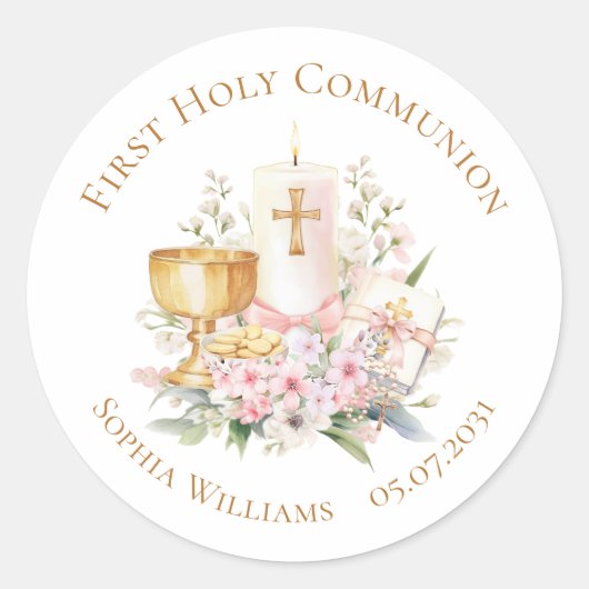 Pink Floral Chalice First Holy Communion  Ronde Sticker (Voorkant)