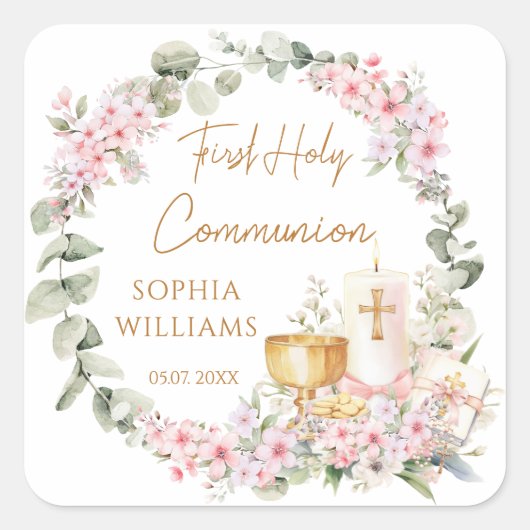 Pink Floral Chalice First Holy Communion Sticker (Voorkant)
