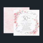 Pink Floral Cherry Blossom 50th Birthday Party Kaart<br><div class="desc">Soft blush roze cherry bloesems zijn verweven met een elegant zilver lijst. De details van de 50e verjaardag worden geschreven in een zachte grijze tekst. Deze vierkant verjaardagsuitnodiging heeft een zacht roze waterverf op de achterkant. Het is partij bij het 50e Birthday Cherry Blossom collectie. Het bevat de punten u...</div>