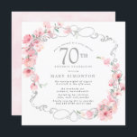 Pink Floral Cherry Blossom 70th Birthday Party Kaart<br><div class="desc">Soft blush roze cherry bloesems zijn verweven met een elegant zilver lijst. De details van de 70e verjaardag worden geschreven in een zachte grijze tekst. Deze vierkant verjaardagsuitnodiging heeft een zachte roze waterverf op de achterkant. Het maakt deel uit van het 70e Birthday Cherry Blossom collectie. Het bevat de punten...</div>