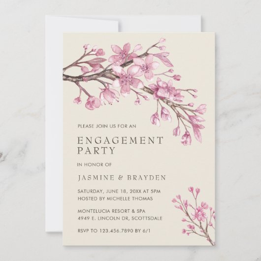 Pink Floral Cherry Blossom Engagement Party Kaart (Voorkant)