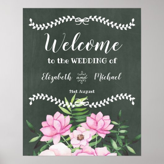Pink Floral Chlakboard - budget voor aangepaste br Poster (Voorkant)