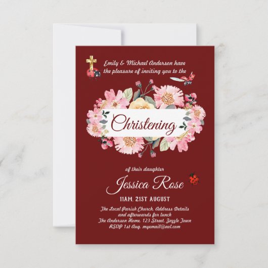 Pink Floral Christening Invites Baptisme (Voorkant)