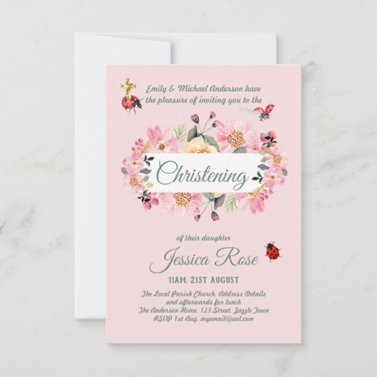 Pink Floral Christening Invites Baptisme (Voorkant)