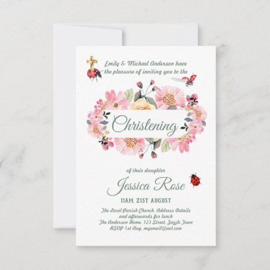 Pink Floral Christening Invites Baptisme (Voorkant)