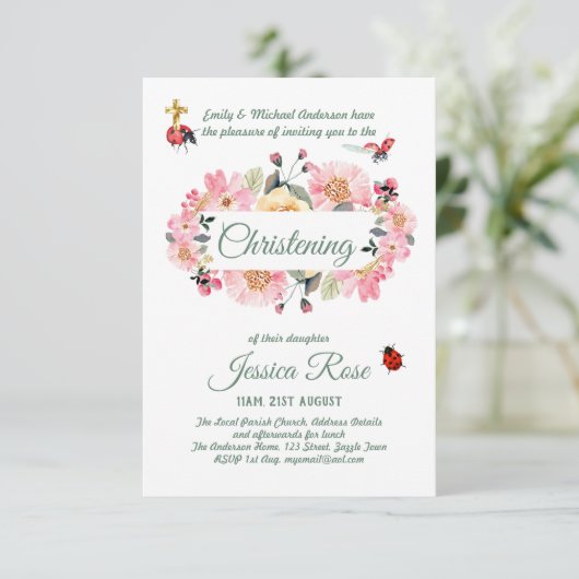 Pink Floral Christening Invites Baptisme (Staand voorkant)