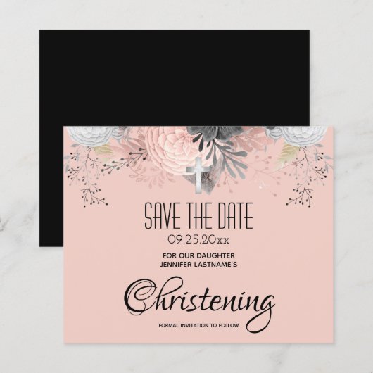 Pink Floral Christening Save the Date Budget (Voorkant / Achterkant)