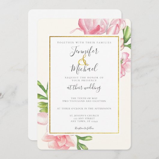 Pink Floral Classy Gold Trim Weddenschap Kaart (Voorkant / Achterkant)
