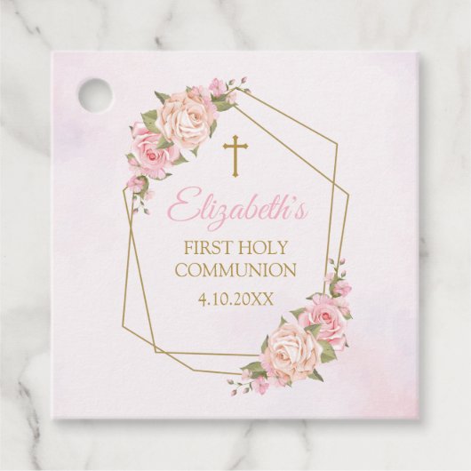 Pink Floral Communion Bedankjes Labels (Voorkant)