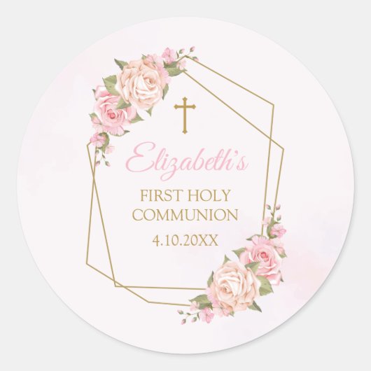 Pink Floral Communion Calcomanía Ronde Sticker (Voorkant)